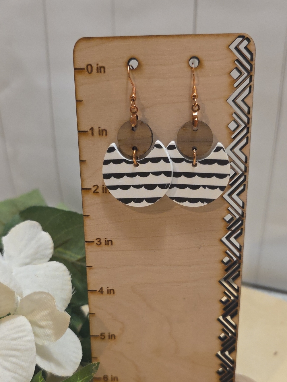 Handmade Black & White Striped Round Drop Earrings